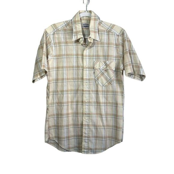 Vintage Levi 's Button Down Shirt M Khaki Multi Plaid Short Sleeve Collard - Picture 1 of 6